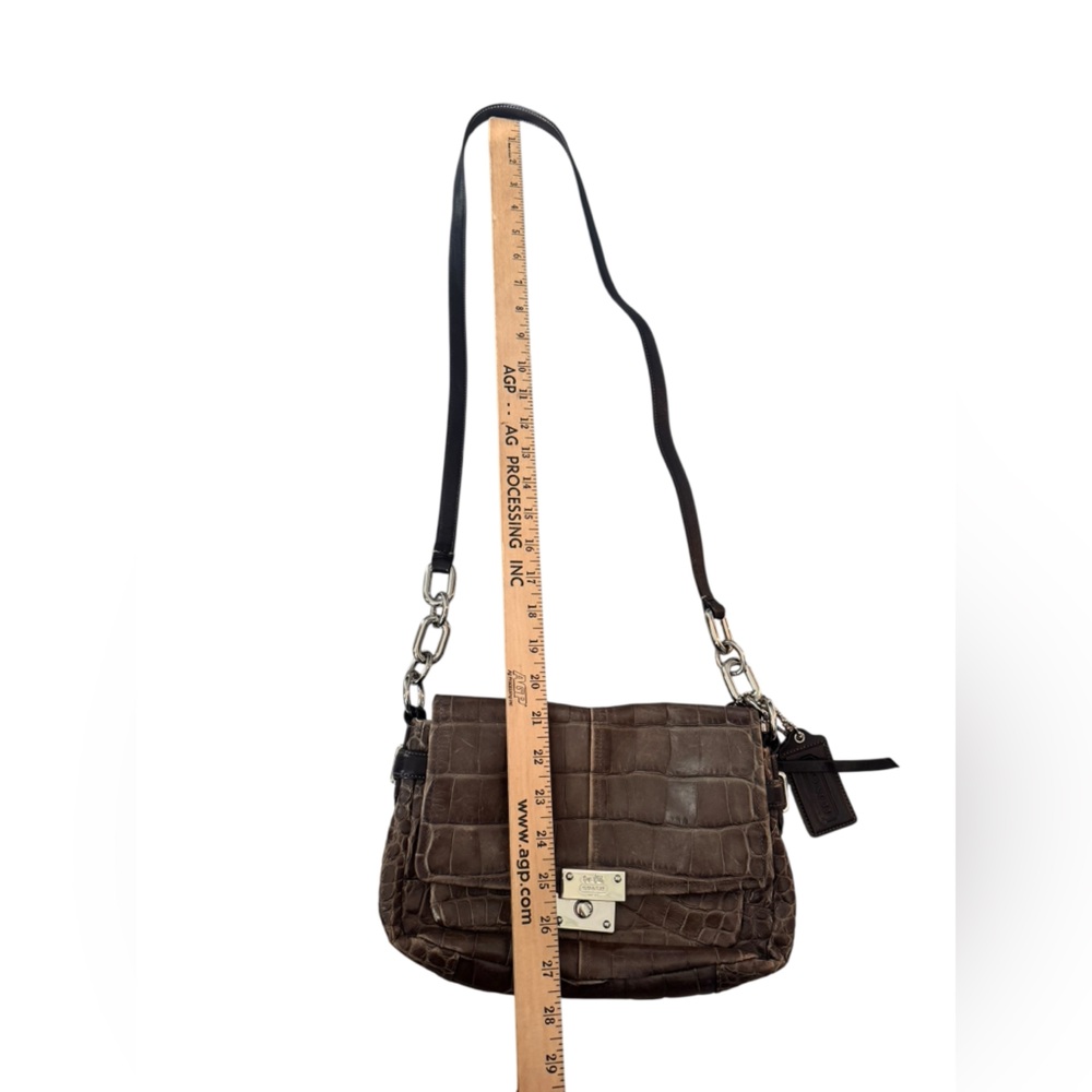 Coach Legacy Croc Embossed Leather Shoulder Bag Brown Chain Strap - Picture 12 of 14